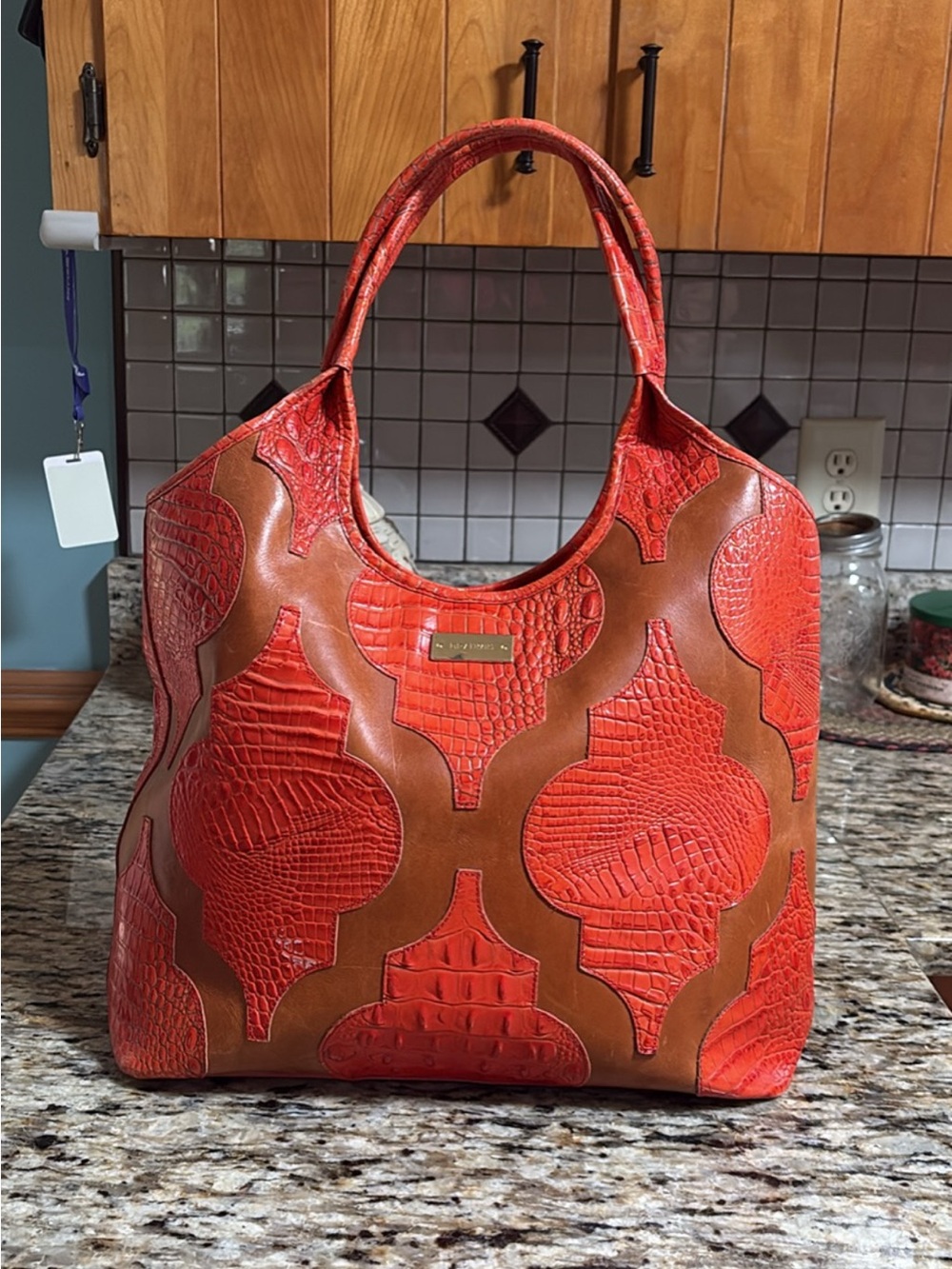 2010s Brahmin Large Burnt Orange and Gold Croc Embossed Leather Tote Bag